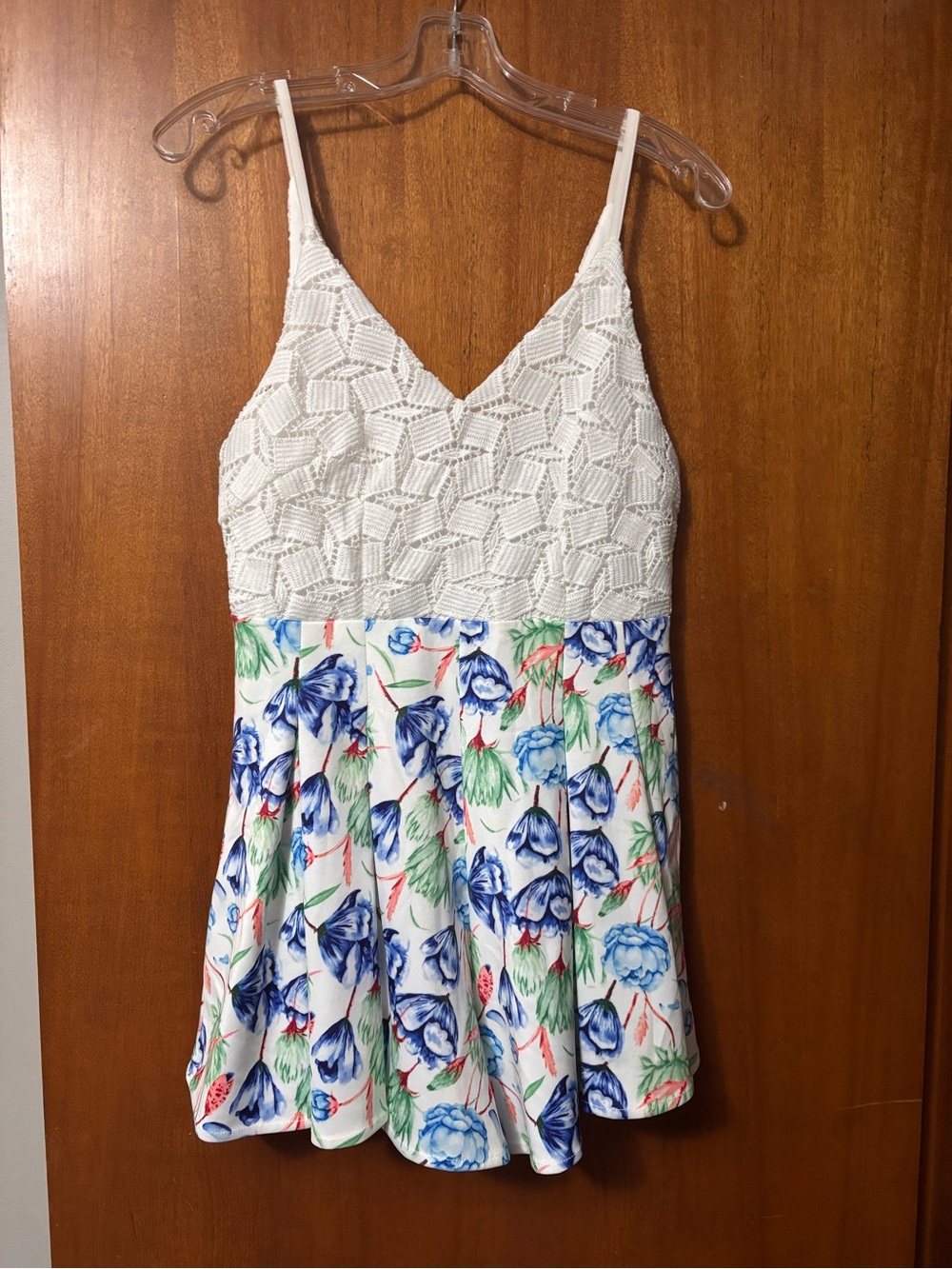 White Crochet Top Floral Romper with Blue & Green Print